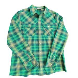 STIO MEN PEARL SNAP WESTERN SHIRT PLAID LONG-SLEEVE BUTTON DOWN GORPCORE GREEN L